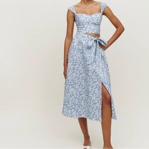 Reformation Clyde Blue Floral Linen Midi Top/Skirt Set